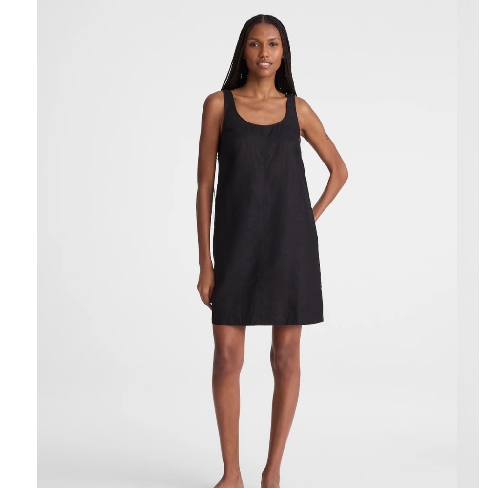 Madewell Black Linen Scoopneck Shift Dress Sleeveless Mini Pockets OA351 Med